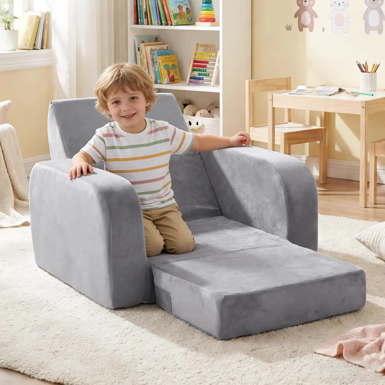 LIFEZEAL Canapé Enfant Depliant 3 en 1, Mini Canapé Enfant Pliable avec Housse Amovible en Velours Cristal, Canapé-lit en Mousse, Fauteuil Bebe pour Chambre et Salle de Jeux (Gris, Plié en 3)
