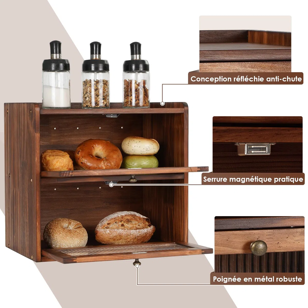 GUUSII HOME Boîte à pain en bois pour comptoir de cuisine, grand récipient alimentaire fait maison avec ouverture frontale vintage pour fruits et légumes, 36,5 x 24 x 34 cm (marron, L)