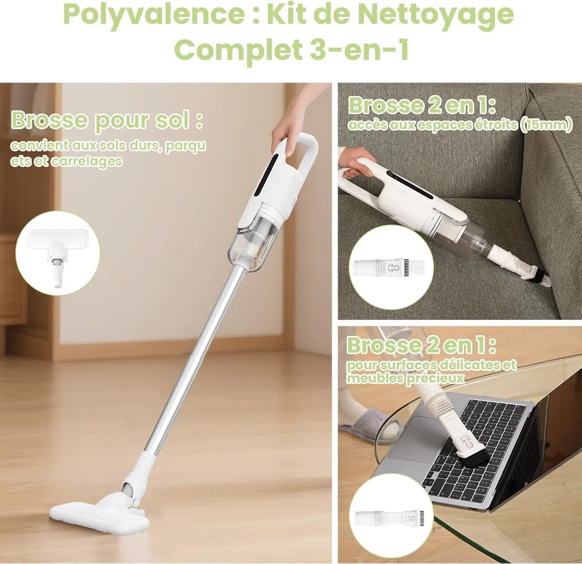 Suirviz U5PRO Aspirateur Balai sans Fil, 28Kpa et 35 Min, 3 en 1 Aspirateur sans Fil avec Système Centrifuge Cyclonique, pour Les Poils d’Animaux, Adapté Aux Sols, Canapé et Voiture (Blanc)