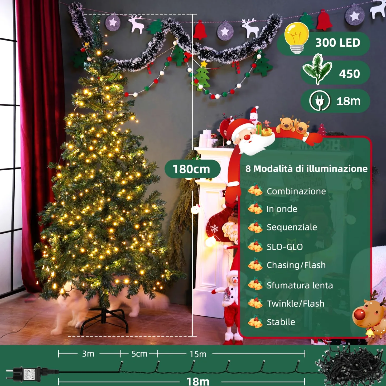 Aigostar Sapin de Noël Artificiel 180 cm avec Guirlande Lumineuse LED 18 M，8 Modes d'Éclairage，300 LED Lumières Blanche Chaude，450 Branches， Inclus Support en Métal， Décoration de Noël， Vert