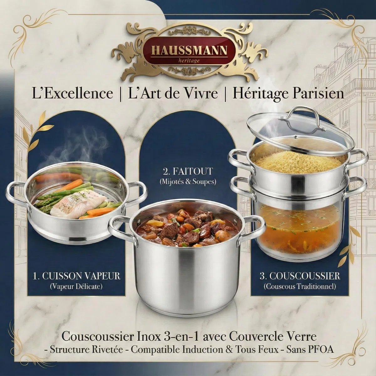 Haussmann Héritage - Couscoussier 3 en 1 Acier Inoxydable (4L/18x15x8cm) - Cuit Vapeur & Faitout - Inclut Panier à Semoule - Couvercle Verre - Compatible Induction & Lave-vaisselle - Sans PFOA