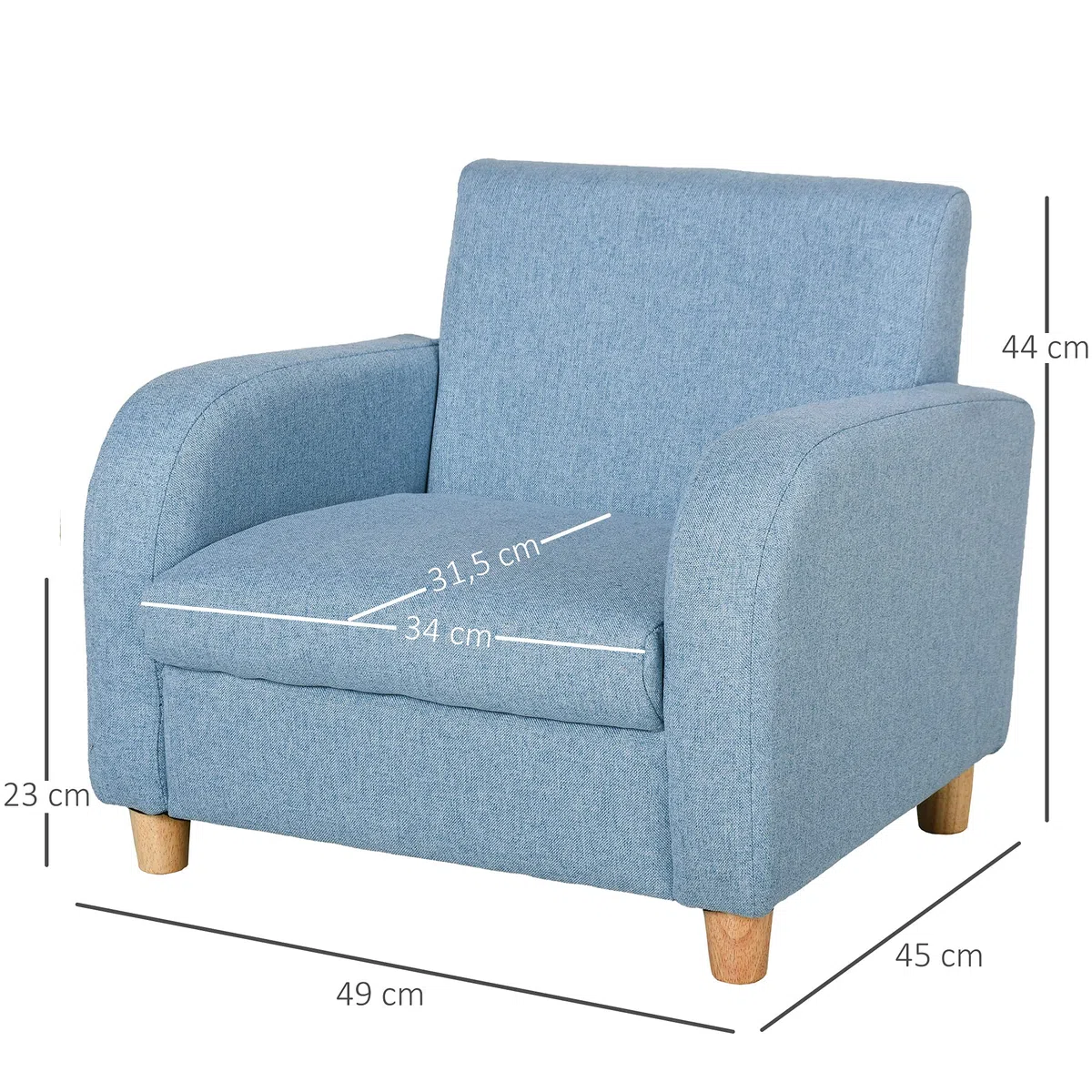 HOMCOM Fauteuil Enfant Design scandinave Grand Confort accoudoirs Assise Dossier garnissage Mousse Haute densité piètement Bois Caoutchouc Lin Bleu