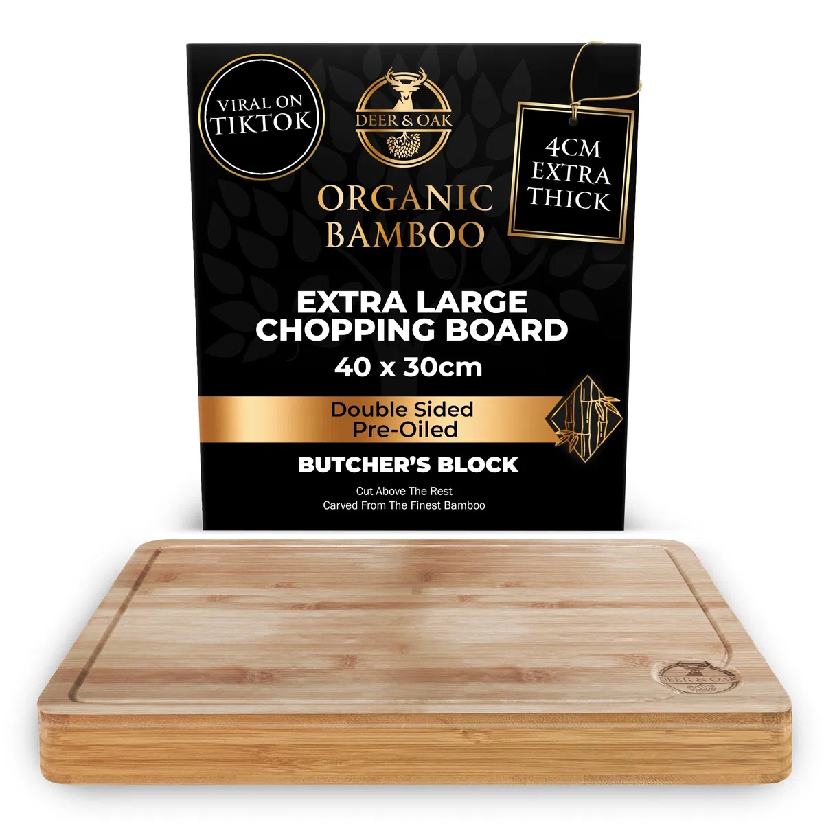 Deer & Oak Planche à découper extra large – Bloc de boucher en bambou de qualité supérieure, 40 x 30 x 3.8 cm, planche à découper en bois pour cuisine, planche à découper très résistante