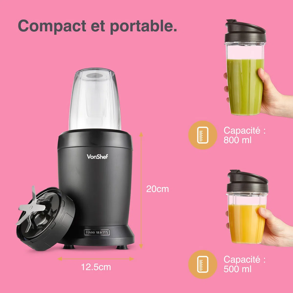 VonShef Blender Smoothie de 1000 W - Mini Mixeur Blender pour Fruits, Légumes et Glace Pilée - Avec Tasses de Voyage de 500 ml et 800 ml, 1 Bouton de Contrôle - Noir