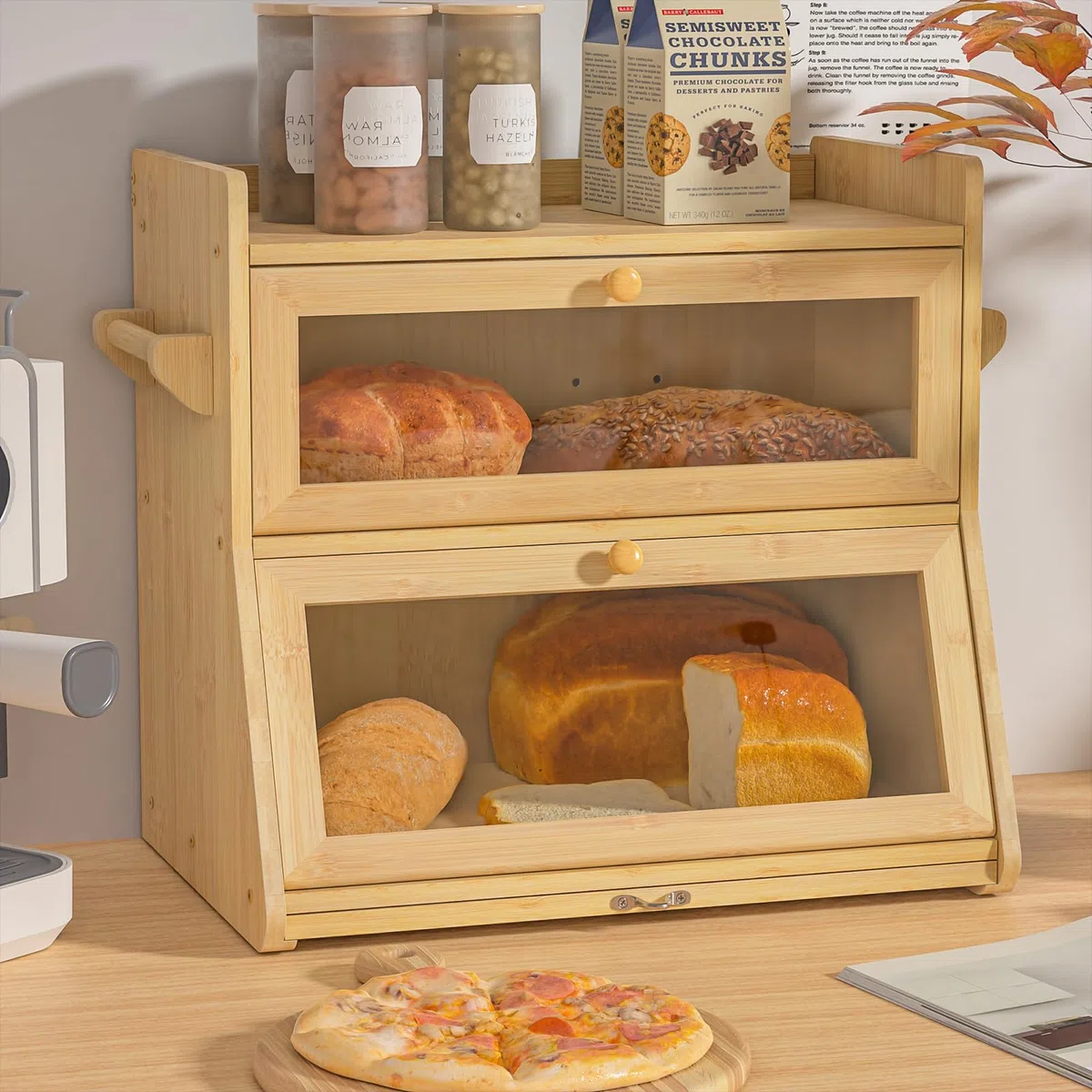 Boîte à pain en bambou, Bois Grande Capacité Boîte Avec planche à découper Boîte de rangement, Pour pain, pain grillé, Huche a Pain pour Cuisine Countertop Double Couche Empilable