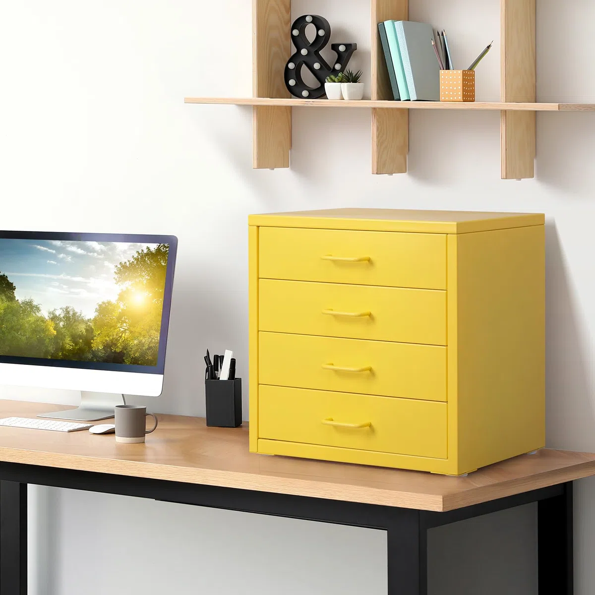 HollyHOME Armoire de rangement verticale avec 4 tiroirs, armoire de rangement verticale pour lettre A4, tiroir de rangement en métal pour le bureau à domicile, montage soi-même, jaune clair