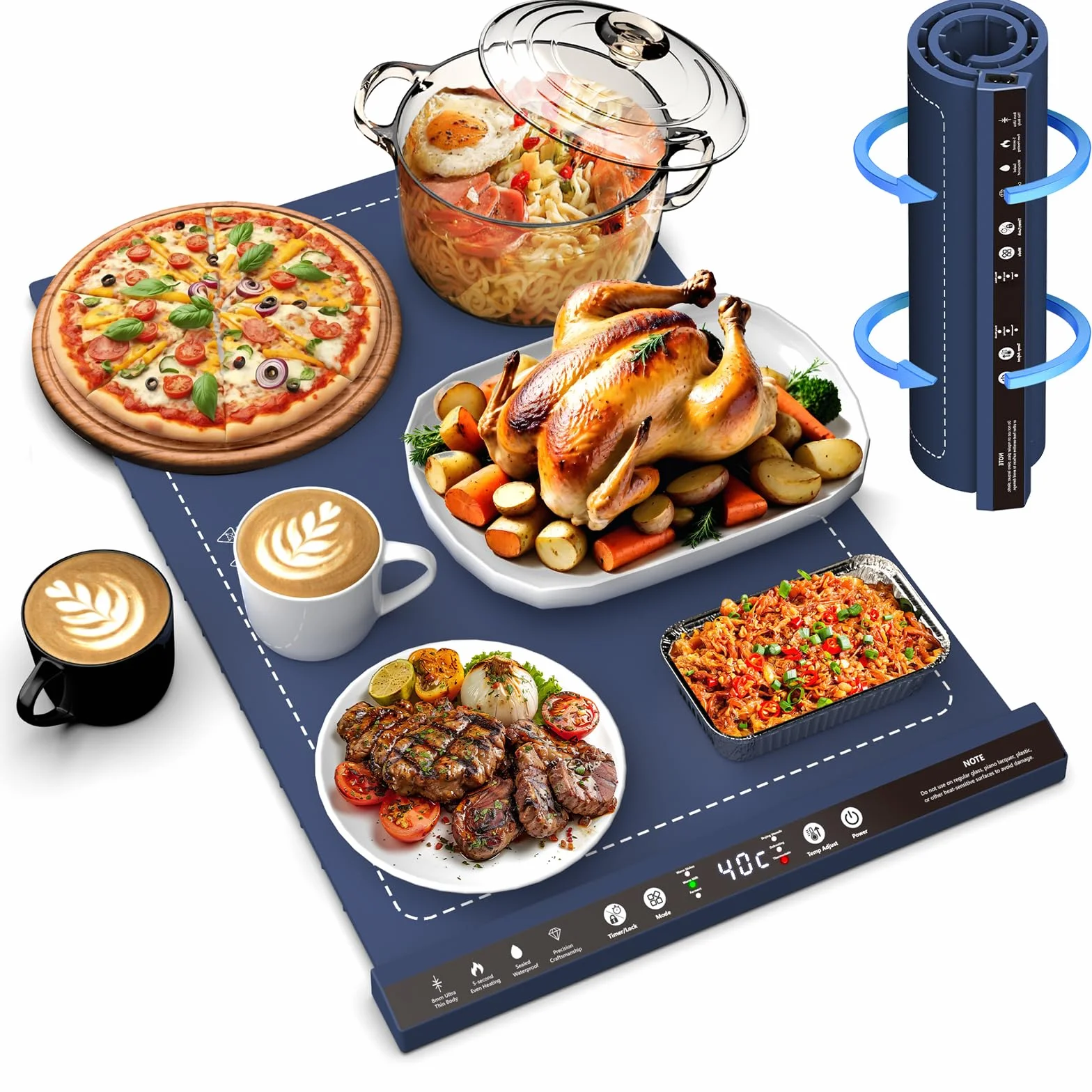 Tapis Chauffant Alimentaire 57x39 cm – Plateau Chauffant en Silicone avec 8 Niveaux de Température, Minuterie, Pliable pour Buffet, Fête, Pique-nique, Camping