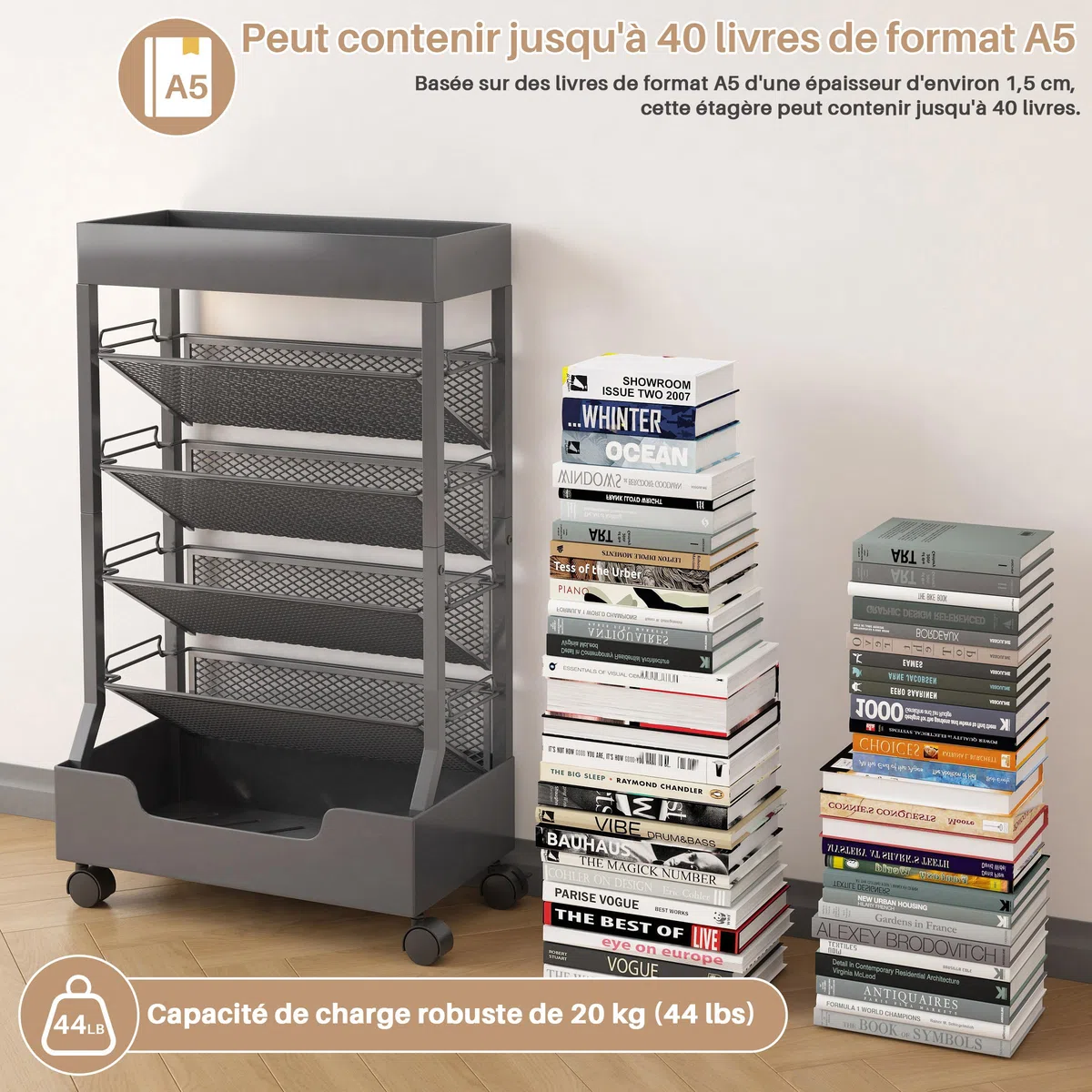 Bibliothèque mobile avec roue, organisateur de bureau, étagère de bureau, chariot à livres, porte-revues, grande capacité, gris