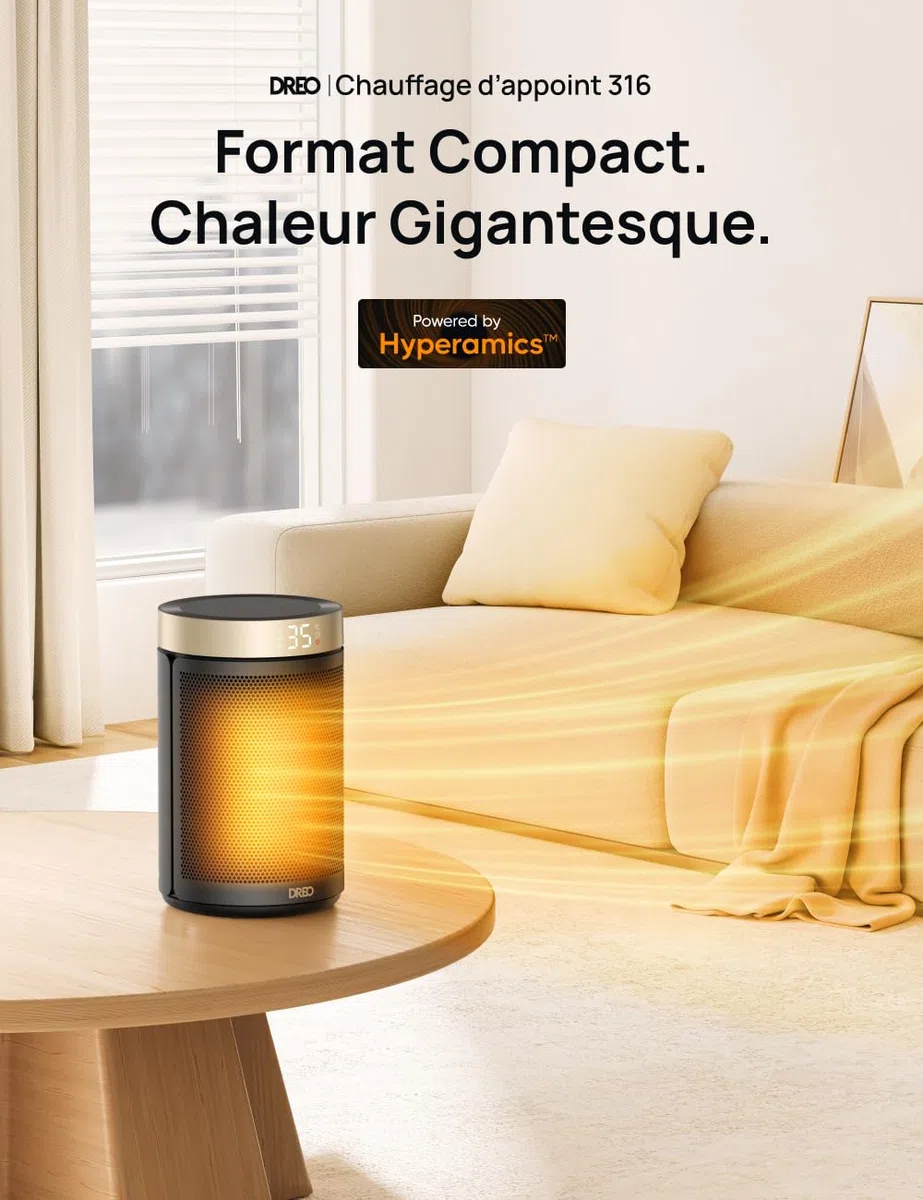 Dreo Chauffage d'appoint, Chauffage Electrique Soufflant Economique avec Thermostat, Minuterie 1-12H, Mode Éco, Chauffage Céramique PTC Rapide de 1500 W en toute sécurité, Chauffage 316