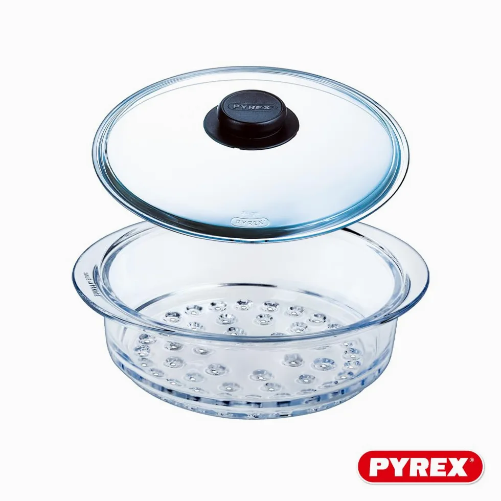 Pyrex - Paniers vapeur 20cm et son Couvercle avec bouton - Lot ou unité - Verre Borosilicate - Made in France (Double - 20 cm)