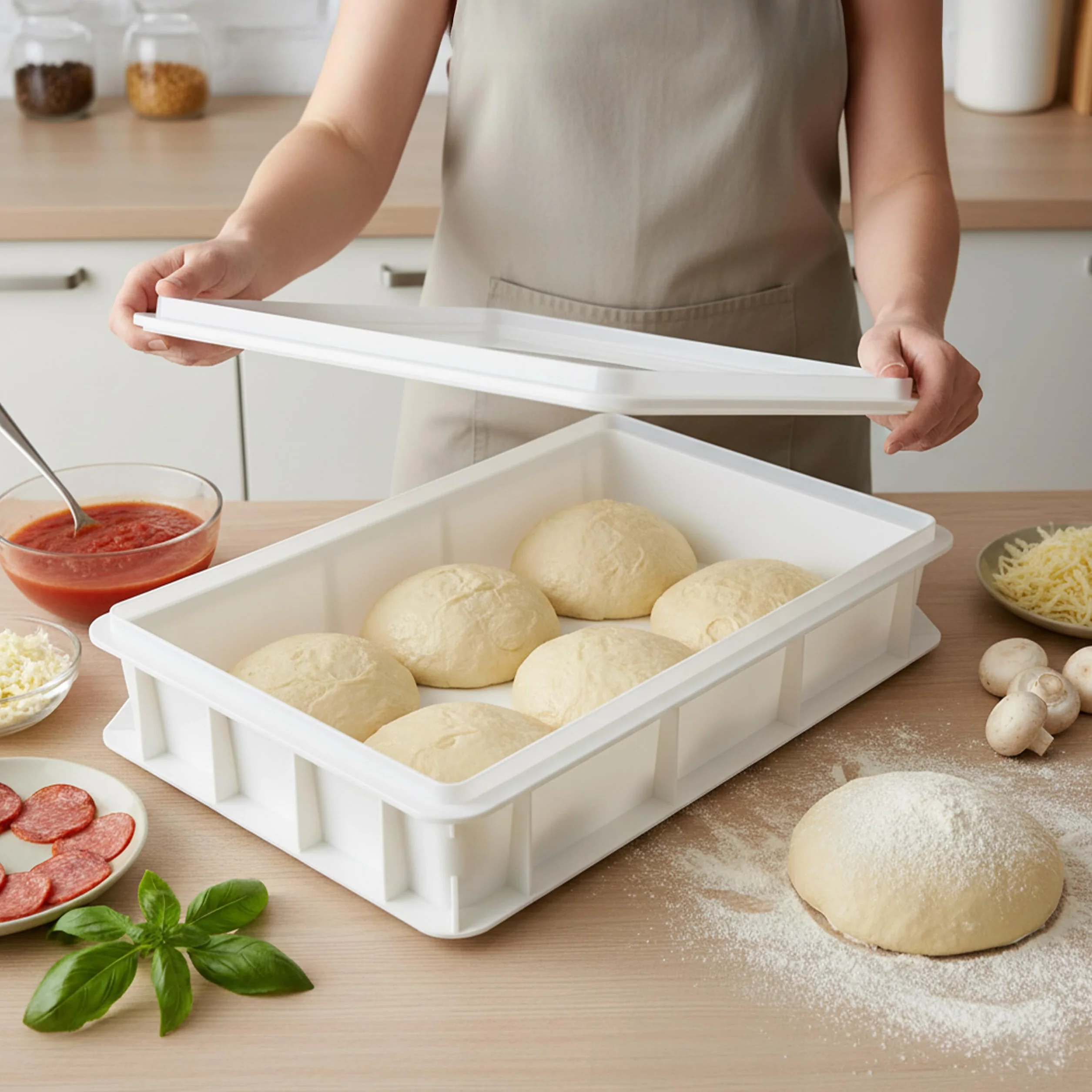 Relaxdays boîte à Boules de pâte avec Couvercle, H x L x P: 13 x 60 x 40 cm, Plastique, empilable, avec spatule, Blanche