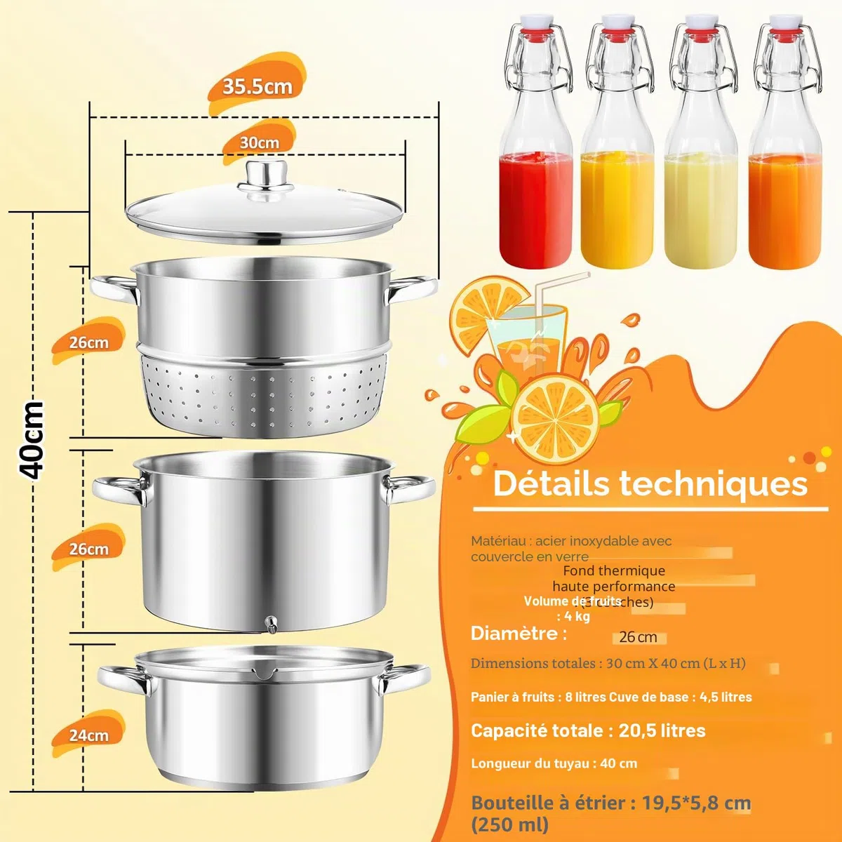 8L Extracteur de jus à Vapeur, Extracteur de jus pour Fruits et légumes, convient à tous les types de cuisinières, y compris l'induction, INOX | Ø 26 cm