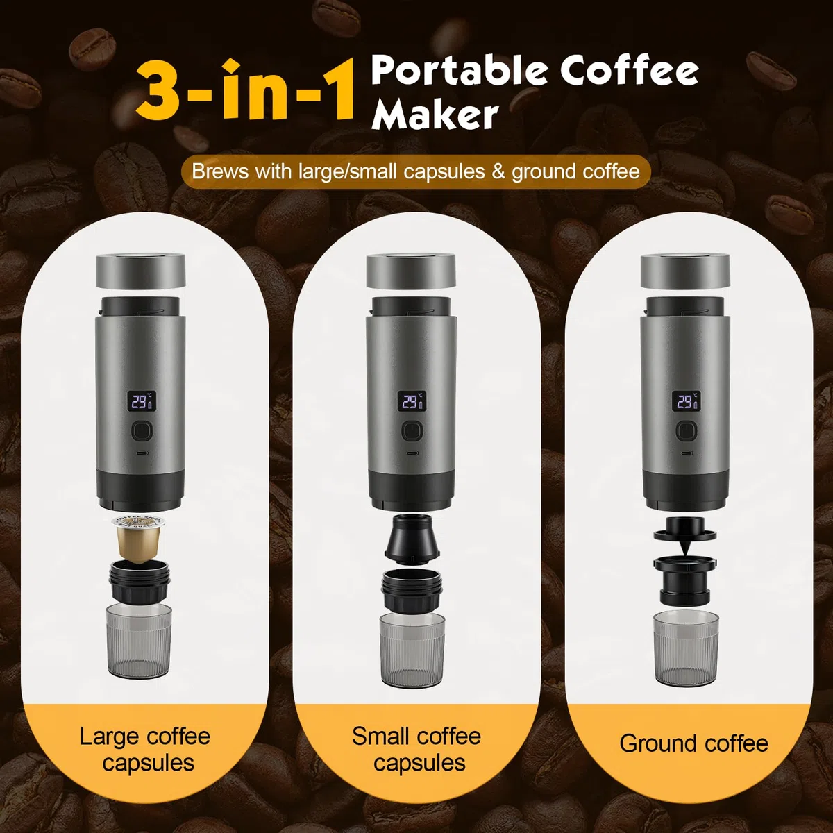 Machine à expresso portable 3 en 1 avec batterie – 20 bars, extraction à froid/chaud, compatible avec capsules et café moulu, USB C, mini machine à café pour camping, voiture, bureau et voyage