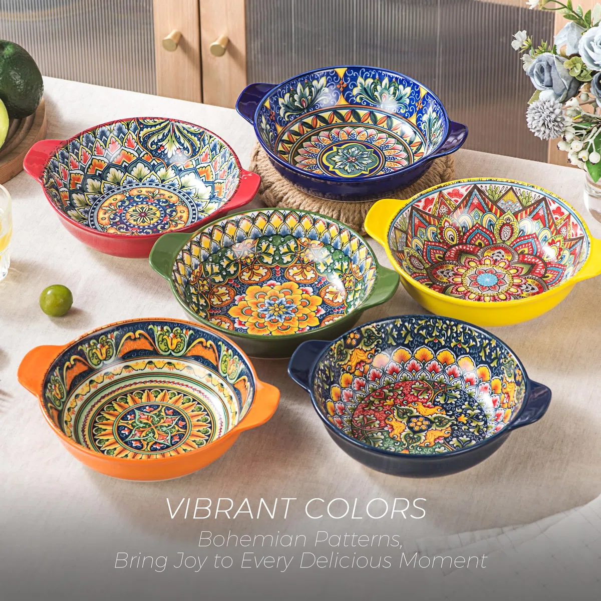 Henten Home Assiettes Creuses en Porcelaine 900 ml, Bols à Pâtes/Saladier Set of 6 pour Cuisine, Passe au Four, Lave-vaisselle et Micro-ondes, Style Bohème