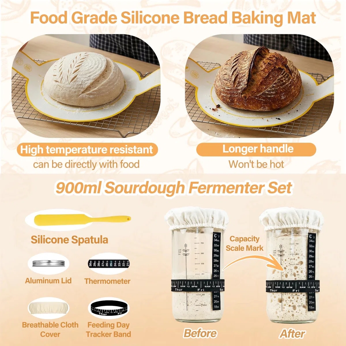 Banneton Pour Pain, Kit Boulangerie Levain, Corbeille a Pain en Rotin Naturel 23 cm Rond et 25 cm Ovale, Panier Fermentation Pain set pour les Débutants et Professionnels
