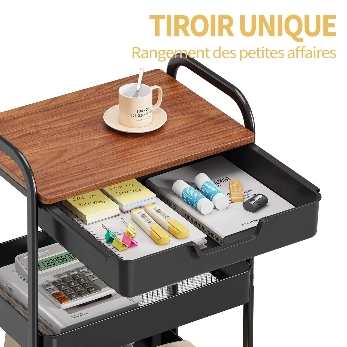 kingrack Chariot de Rangement à 3 Niveaux avec Plateau, Chariot Multifonction en métal pour Cuisine, Maison, Bureau, Salle de Bain, Noir