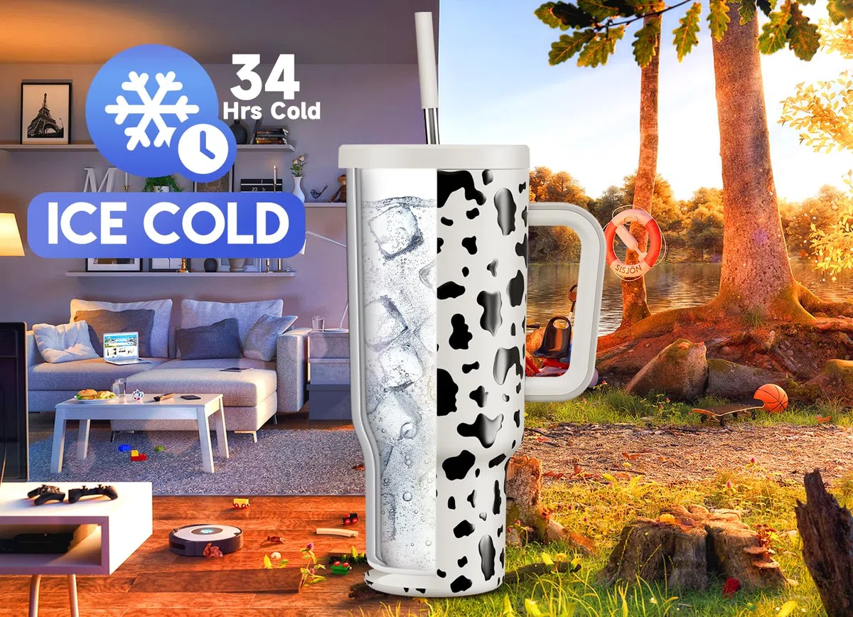 Meoky Gobelet de 1200 ml avec paille et couvercle, gobelet isotherme avec poignée, tasse de voyage en acier inoxydable pour femme, 100 % étanche, garde au froid pendant 34 heures ou au chaud pendant