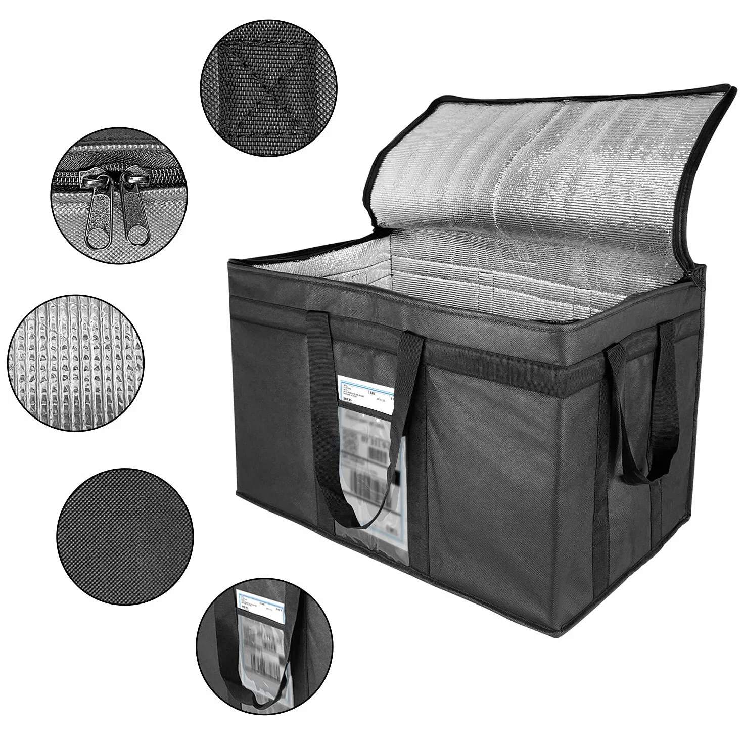 XXXL avec fermeture éclair, sacs de courses réutilisables, pour garder les aliments chauds ou froids, idéal pour la restauration, les restaurants, les épiceries, couleur noire, 58,1 x 38,1 x 35,6 cm