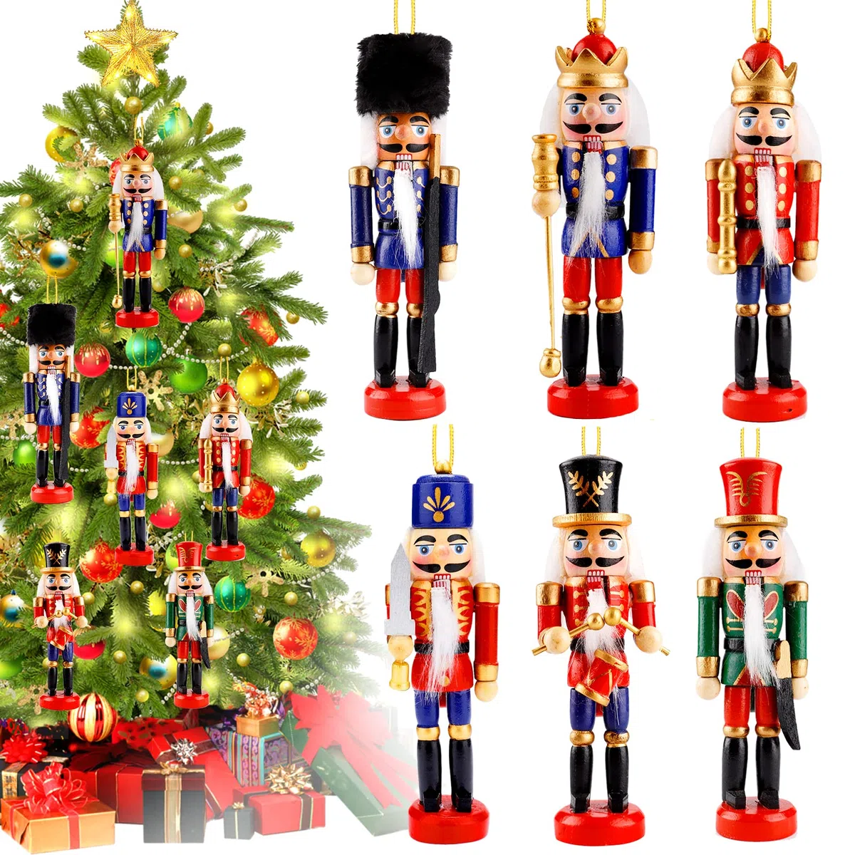 Frasheng 6 Pièces Décorations de Noël Casse-Noisette,Casse Noisette en Bois,Casse-Noisettes Soldat de Noël,Casse-Noisette Noel Soldat Figurine,Casse-Noisette de Noël Traditionnels en Bois,13 cm