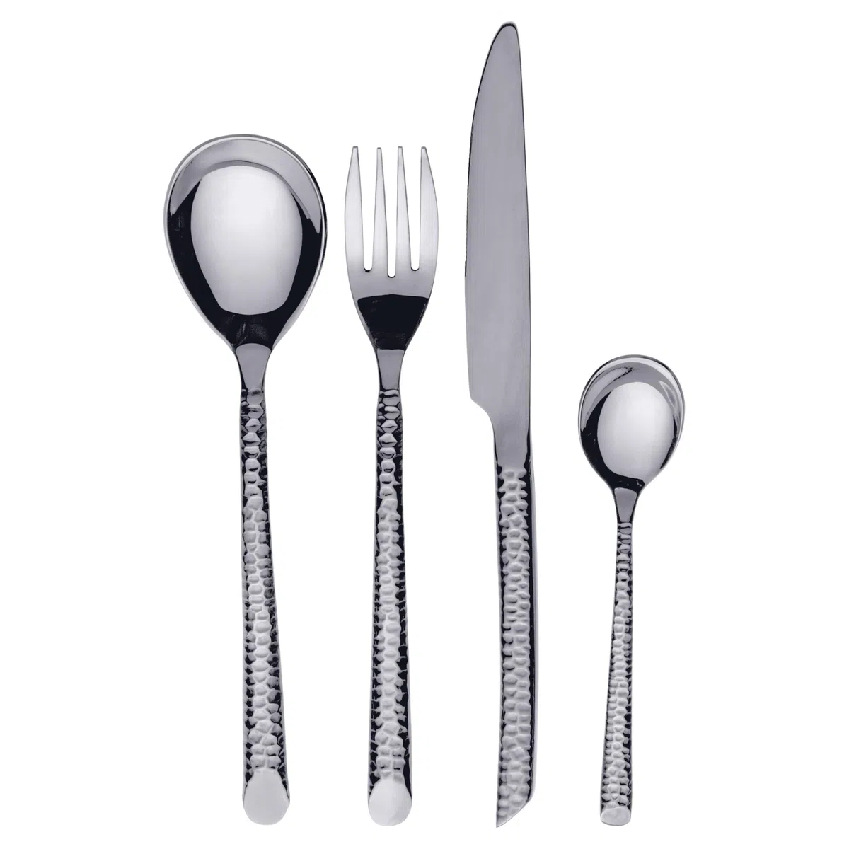 Lot de 24 couverts en acier inoxydable poli, poignée effet martelé, argent, Malindi