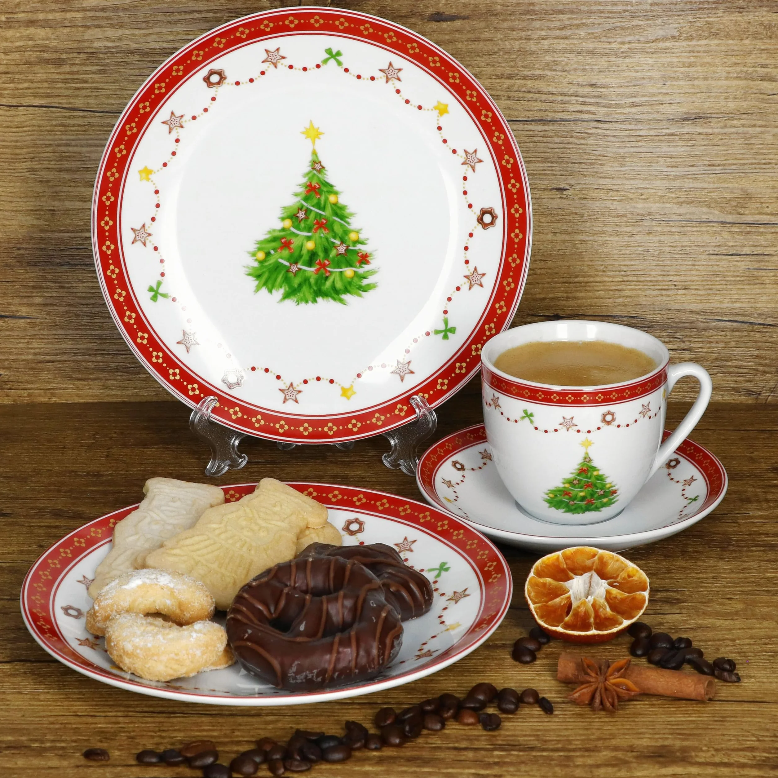 MamboCat Weihnachtstraum Service à café 18 pièces I Service à café en porcelaine pour 6 personnes avec décor de Noël I 6 tasses à café de 190 ml, soucoupes et assiettes à gâteau I Vaisselle pour Noël