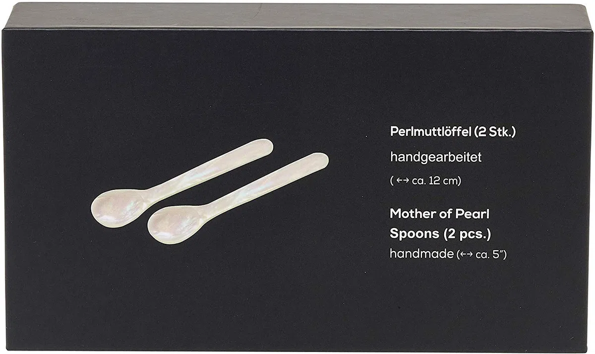 EDZARD Set de 2 cuillères à œufs ou caviar, nacre de rivière (pas de perle de culture!), fait main de haute qualité, longueur env. 11 cm, bordures arrondis, incl. boîte stable