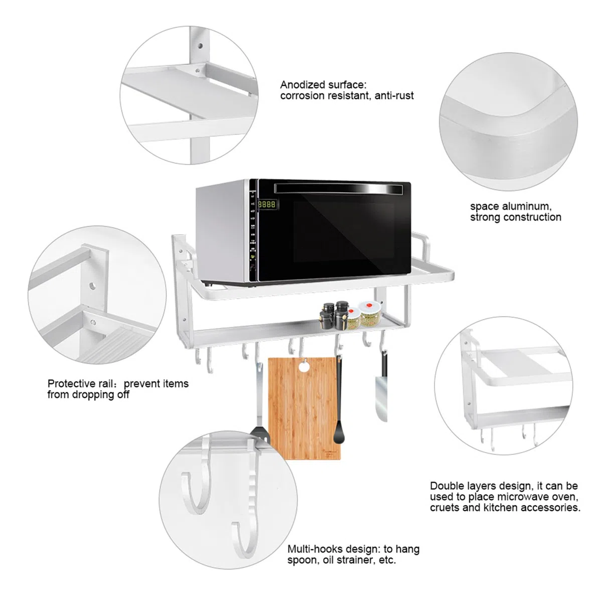 Support de Four à Ondes à Double Couche en Aluminium, Multi-Crochets pour Suspendre L'étagère de Rangement de Cuisine, Organisateur 55x38.5x25cm