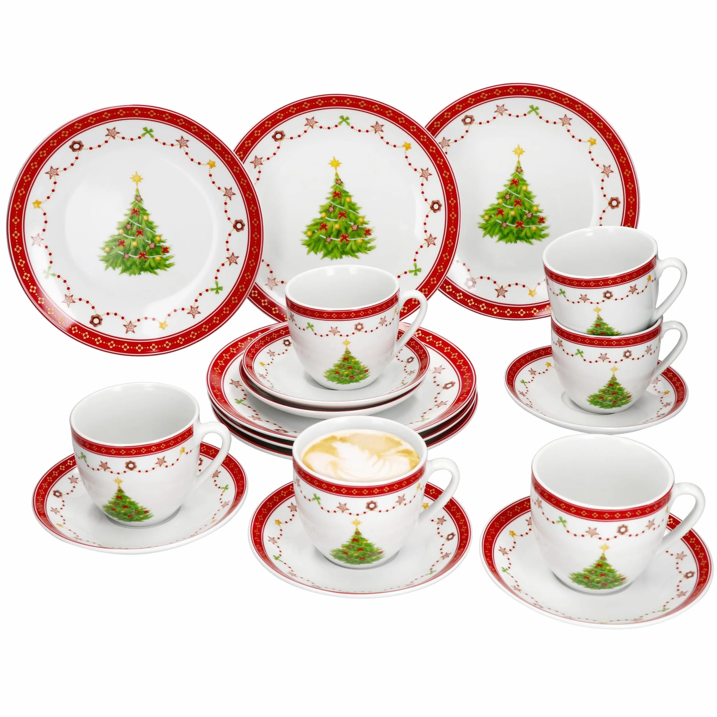 MamboCat Weihnachtstraum Service à café 18 pièces I Service à café en porcelaine pour 6 personnes avec décor de Noël I 6 tasses à café de 190 ml, soucoupes et assiettes à gâteau I Vaisselle pour Noël
