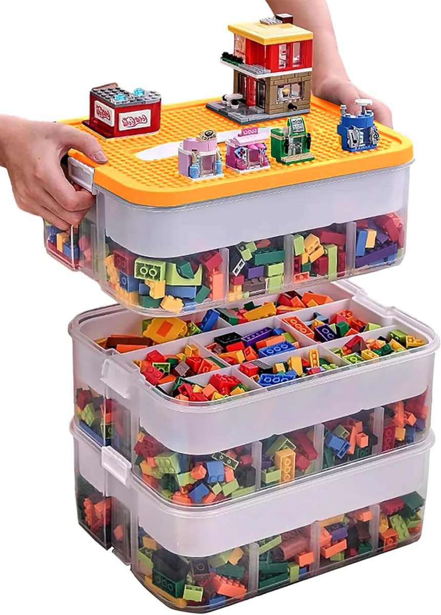 WillingHeart Boite Rangement Plastique pour Lego Briques Coffre A Jouet Enfant avec Couvercle Grande Malette Transparente Caisse 3 Couches Empilable Compartiment Chambre Casier Etanche Storage Box