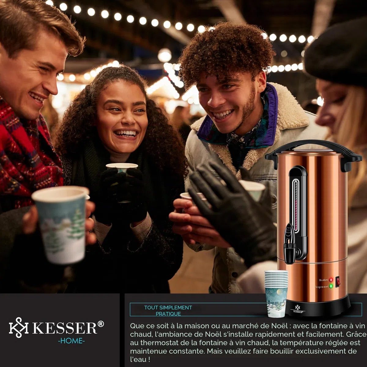 KESSER® Bouilloire à vin chaud en acier inoxydable 10 l avec 10 tasses avec thermostat - Distributeur automatique d'eau chaude - Indicateur de niveau de remplissage - Robinet