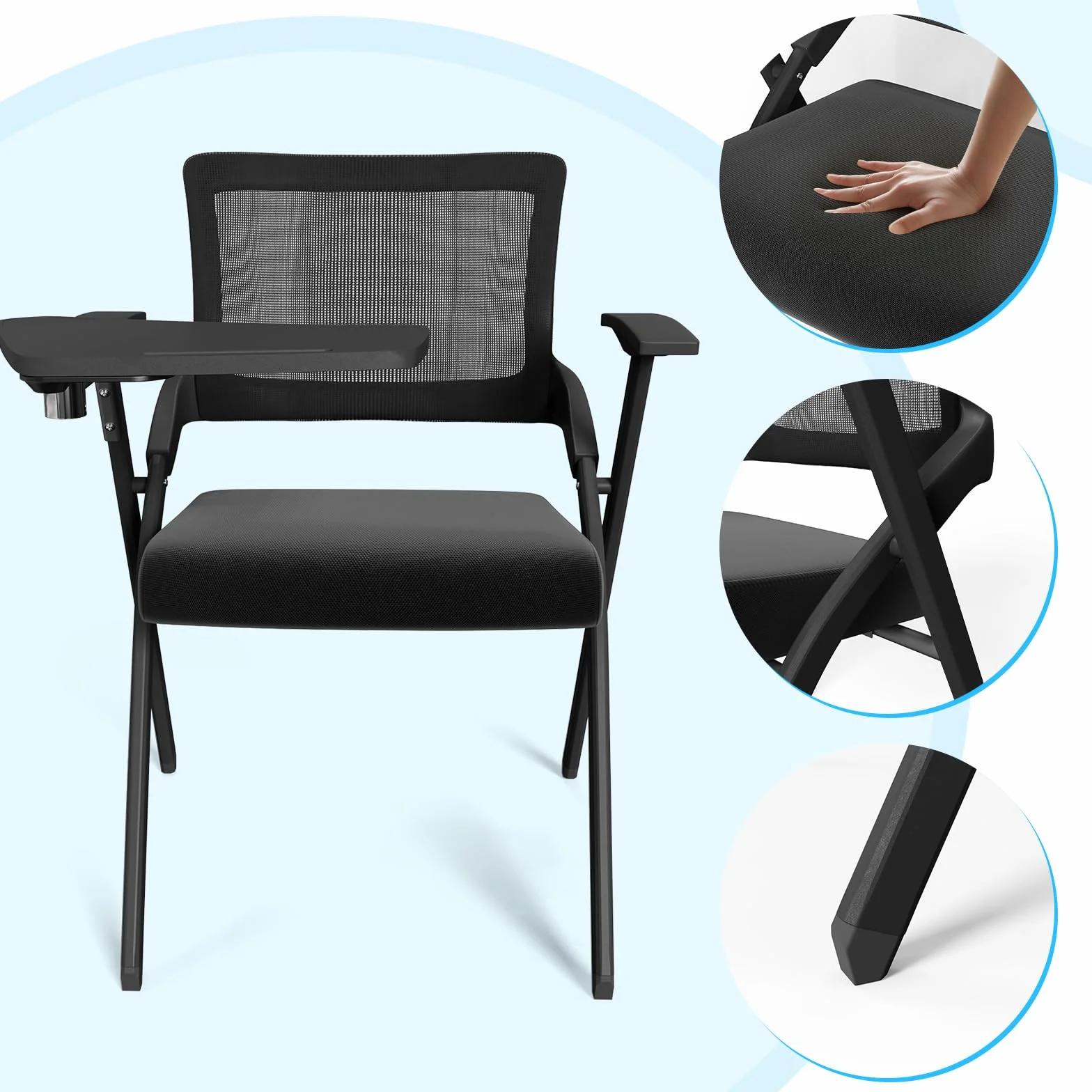 chaises Pliantes,Chaise Portable et Pliable avec écritoire, Cadre en métal, avec Dossier, Chaise de Table pour Salon, Bureau, Salle à Manger, Noir (Lot de 1)