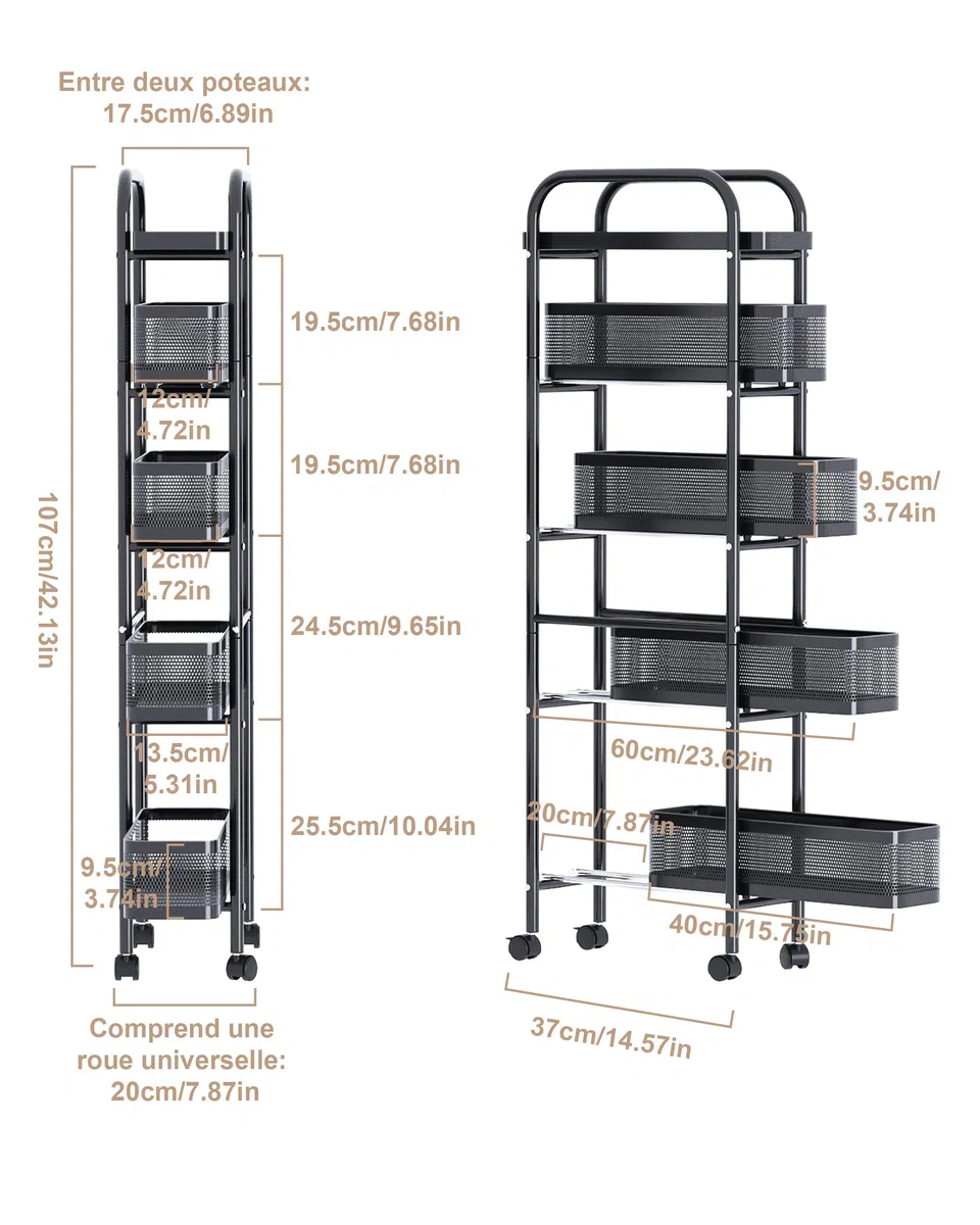 UMDONX Chariots de Rangement pour Cuisine Chariot à roulettes étroit en métal à 5 Niveaux desserte à roulettes sur roulettes avec tiroirs coulissants étagère de Niche(Noir)