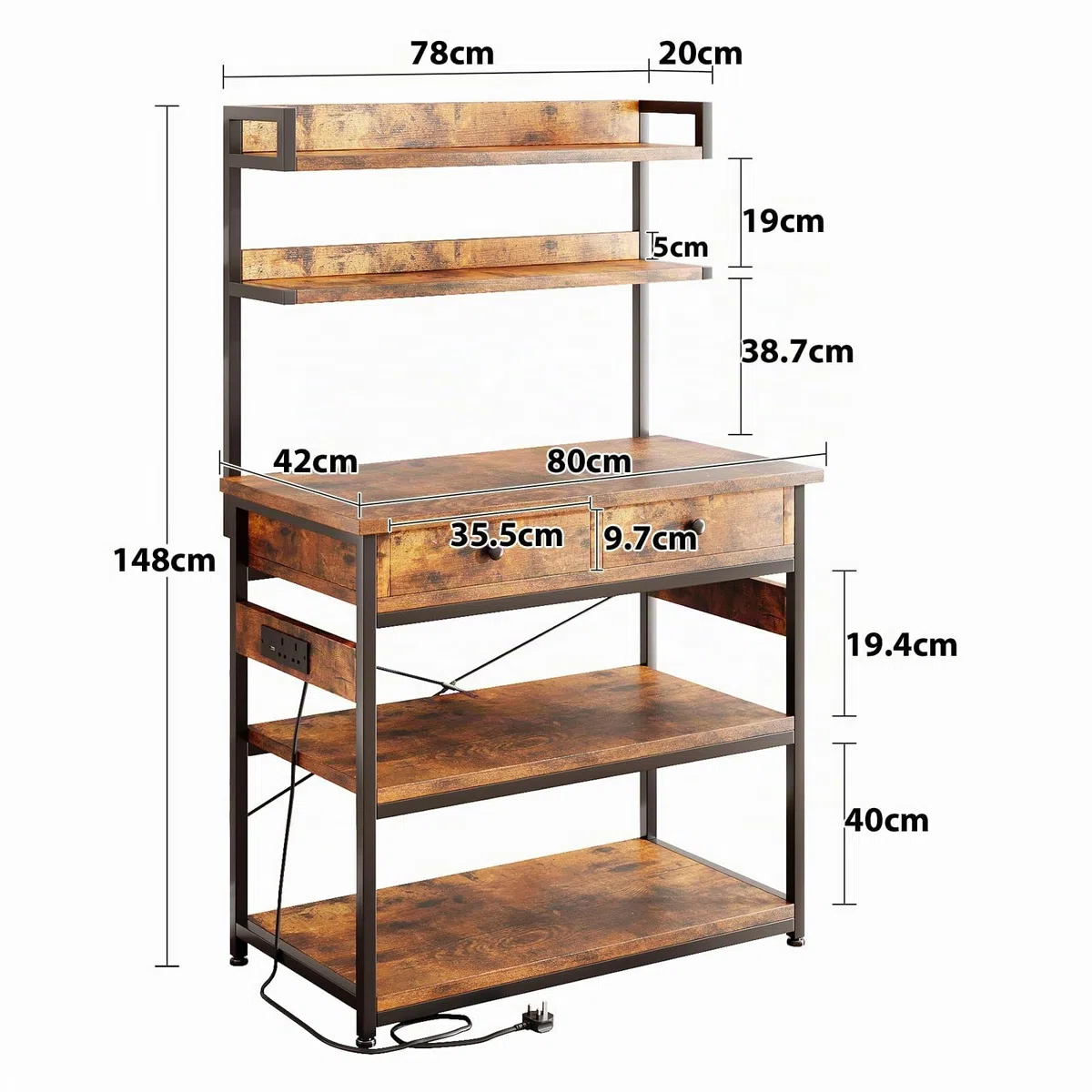 CAIYUN Étagère de Cuisine avec Prises électriques, étagère sur Pied avec Deux tiroirs en Bois, étagère pour Micro-Ondes, 5 Niveaux, Structure en Acier, 42 x 80 x 148 cm, Marron Vintage