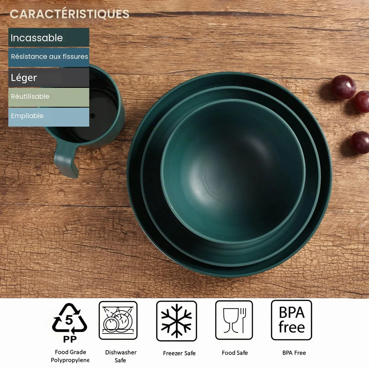 Greentainer Ensemble de vaisselle en plastique incassable (24 pièces) | des assiettes, des bols, des tasses, adaptés à 6 personnes, enfants et adultes sont applicables, peuvent être réutilisés