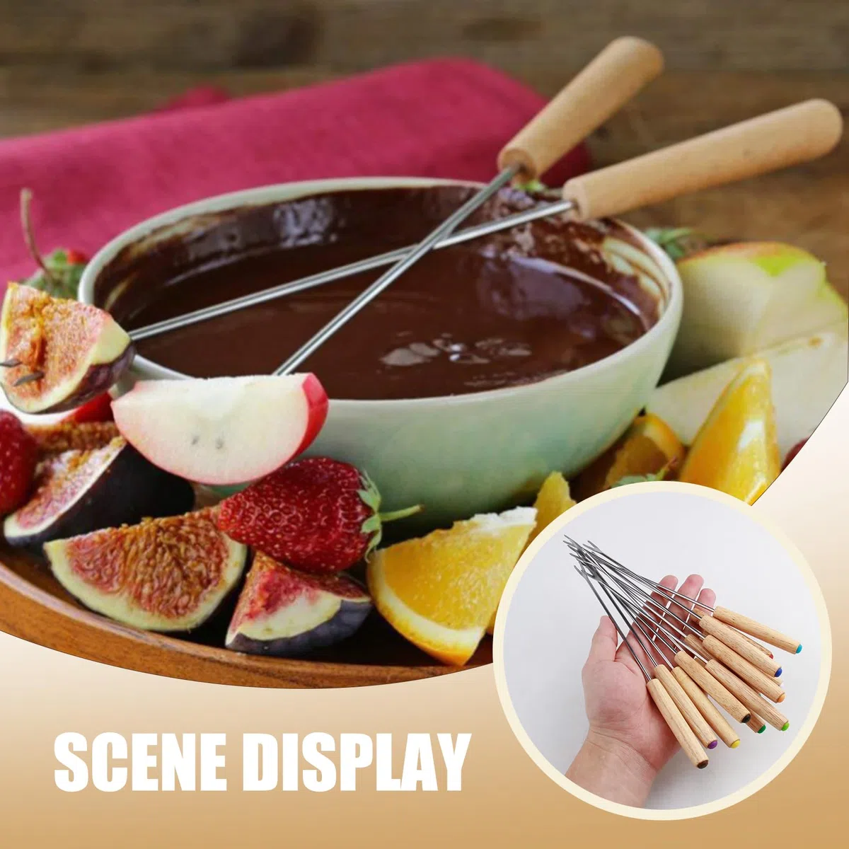 12PCS Fourchettes à Fondue en Acier Inoxydable, Poignées en Bois, pour Fondue au Chocolat, au Fromage, et Barbecues, Couverts Multicolores pour Réceptions et Camping