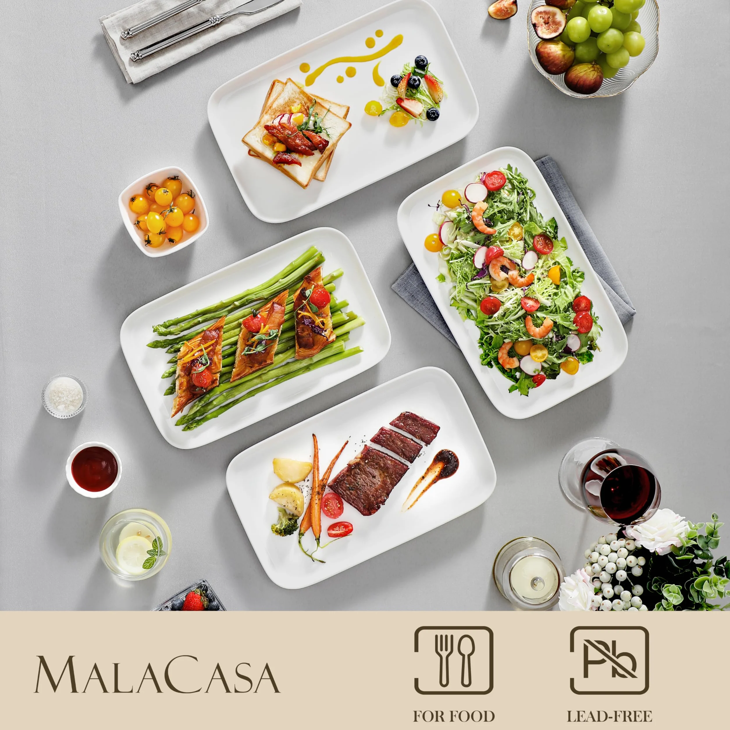 MALACASA Assiettes Rectangulaires en Porcelaine, 4 Grandes Assiettes à Dessert Rectangulaire 30.7 x 18.5 cm, Plateau Aperitif Blanches en Céramique pour Repas Dîner Salon Dessert Sushis, Série Plat
