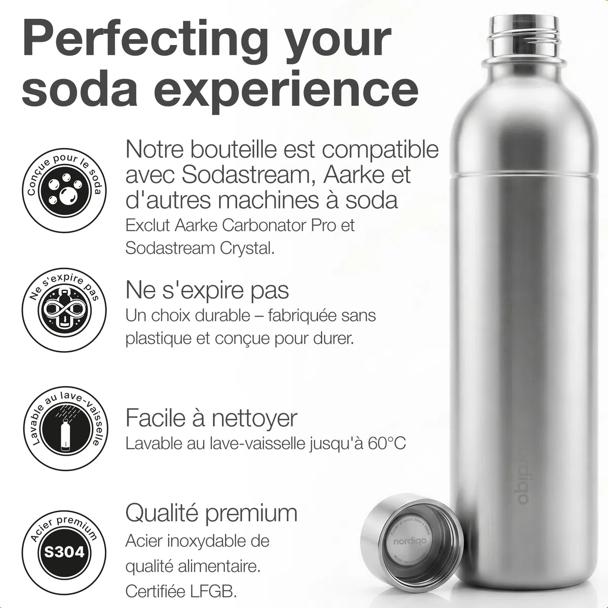 Bouteille Inox 1L | Compatible avec Aarke Carbonator 3, SodaStream Duo & Bouteilles Plastique | Pas pour Crystal & Jet | Sans date d'expiration | Sans plastique | 2x Inox