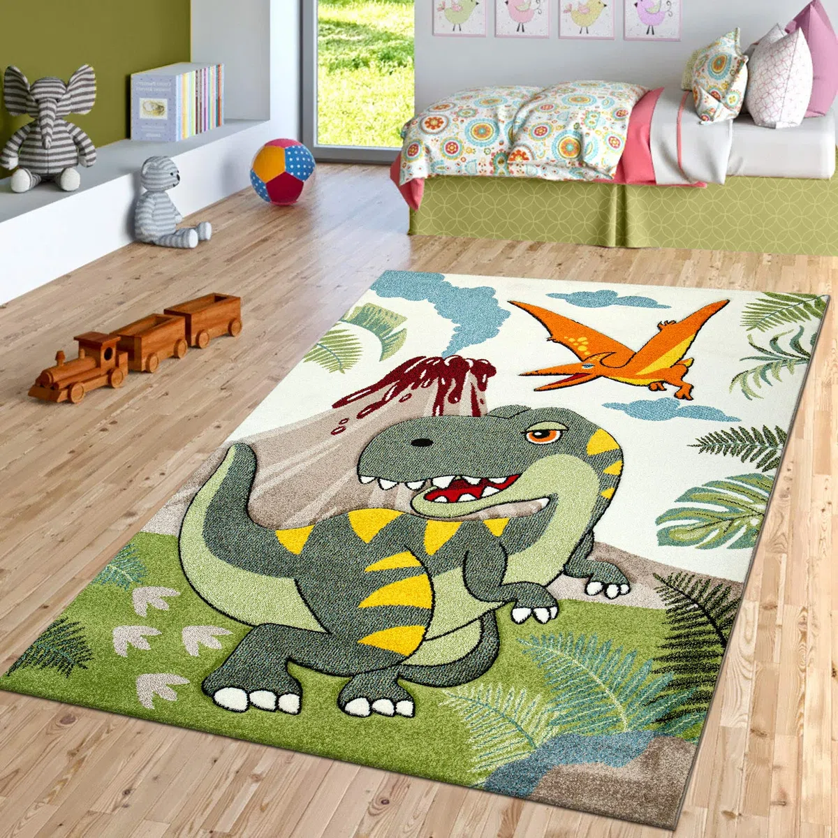 TT Home Tapis Chambre d'enfant Vert Dinosaure Jungle Volcan Effet 3D Poils Ras, Dimension:120x170 cm
