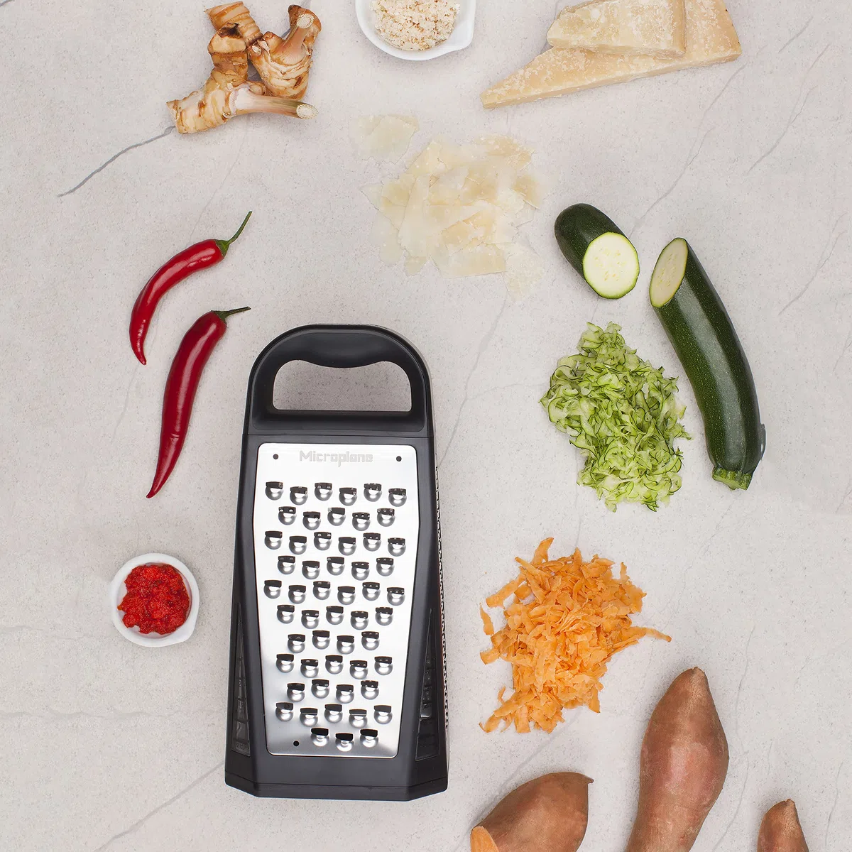 Microplane Râpe Multi-Faces Elite avec 5 Styles de Lames: Fine, Gros Grains, Ultra Gros Grains, Double Tranchant et Coupe Large - Râpe de Cuisine avec des Lames en Acier Inoxydable