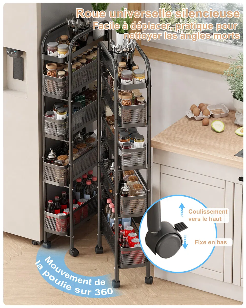 UMDONX Chariots de Rangement pour Cuisine Chariot à roulettes étroit en métal à 5 Niveaux desserte à roulettes sur roulettes avec tiroirs coulissants étagère de Niche(Noir)