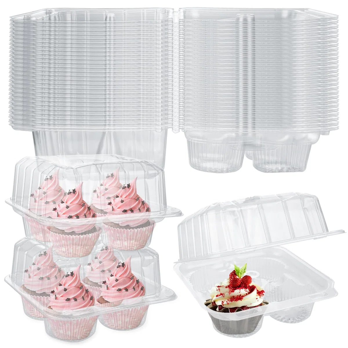 Lot de 50 boîtes à cupcakes empilables en plastique transparent à 4 compartiments, 17 x 17 x 12 cm de profondeur