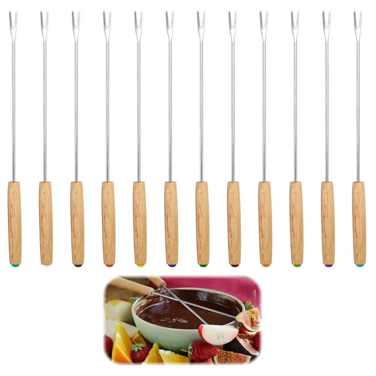 12PCS Fourchettes à Fondue en Acier Inoxydable, Poignées en Bois, pour Fondue au Chocolat, au Fromage, et Barbecues, Couverts Multicolores pour Réceptions et Camping