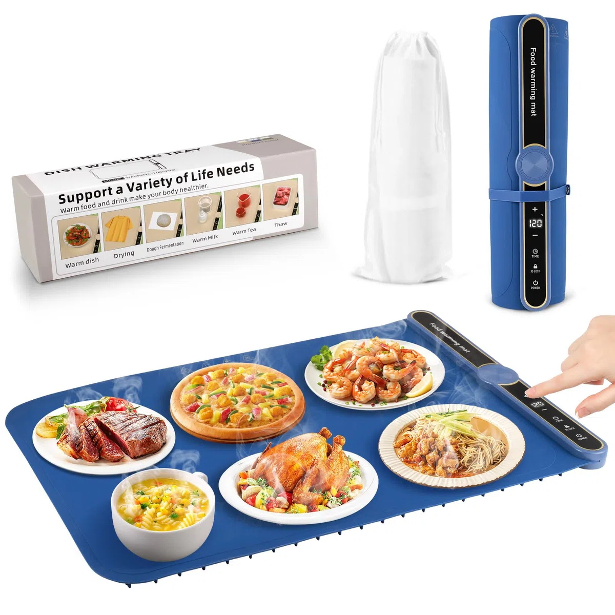 Chauffe Plat Electrique,avec 9 températures,6 réglages de minuterie,Chauffe Plat Portable en Silicone Enroulable avec Sécurité Enfant,Chauffage la Surface en 5s,pour Buffets Fêtes Banquet, Beige
