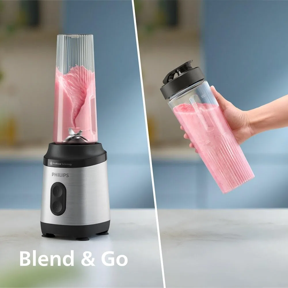 Philips Blend & Go Série 3000 Mini Blender Smoothie – 350W, Gobelet 0,6L, Lames Détachables 4 Branches, 2 Vitesses, Compatibles Lave-vaisselle, Technologie ProBlend, Compact, Argent (HR2671/00)