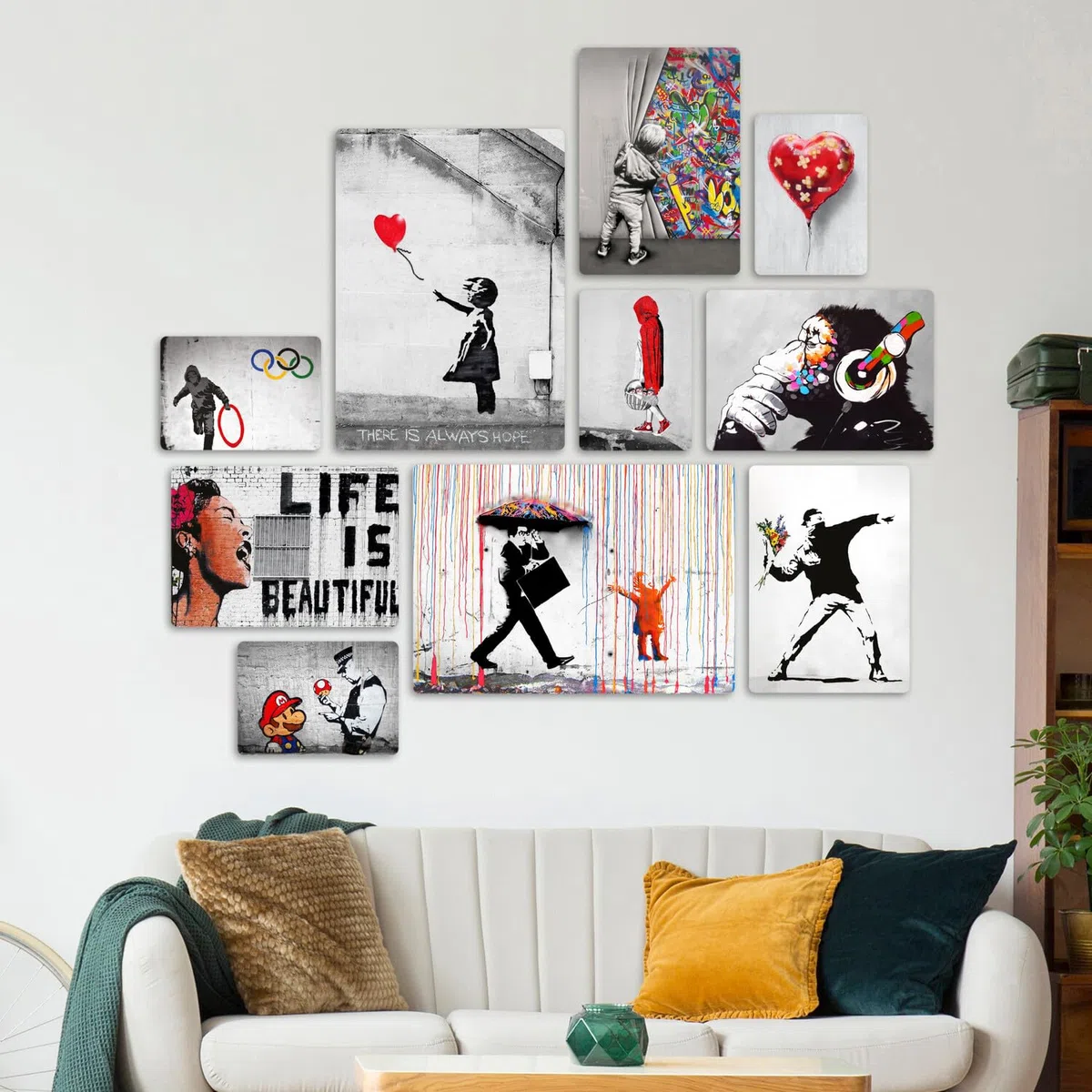 Giallobus - Ensemble de 10 peintures multi-panneaux - Banksy - Collection 1 - Bois MDF - - 2 x 42x29,7cm - 4 x 29,7x21cm - 4 x 21x14,85cm - - Prêt à accrocher - Tableaux