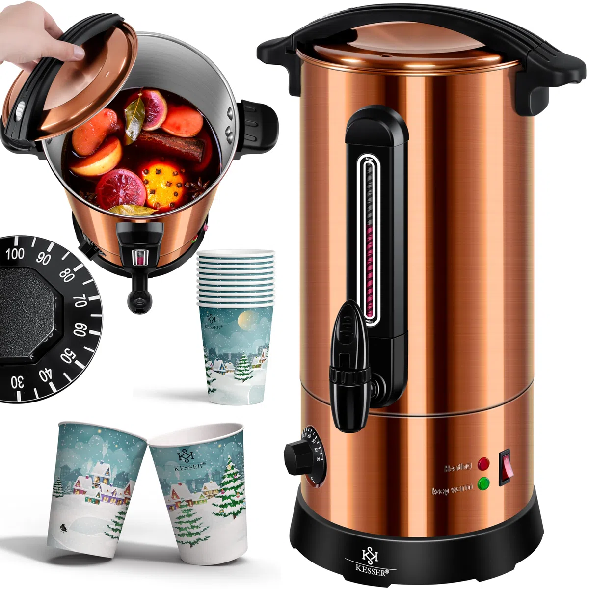 KESSER® Bouilloire à vin chaud en acier inoxydable 10 l avec 10 tasses avec thermostat - Distributeur automatique d'eau chaude - Indicateur de niveau de remplissage - Robinet