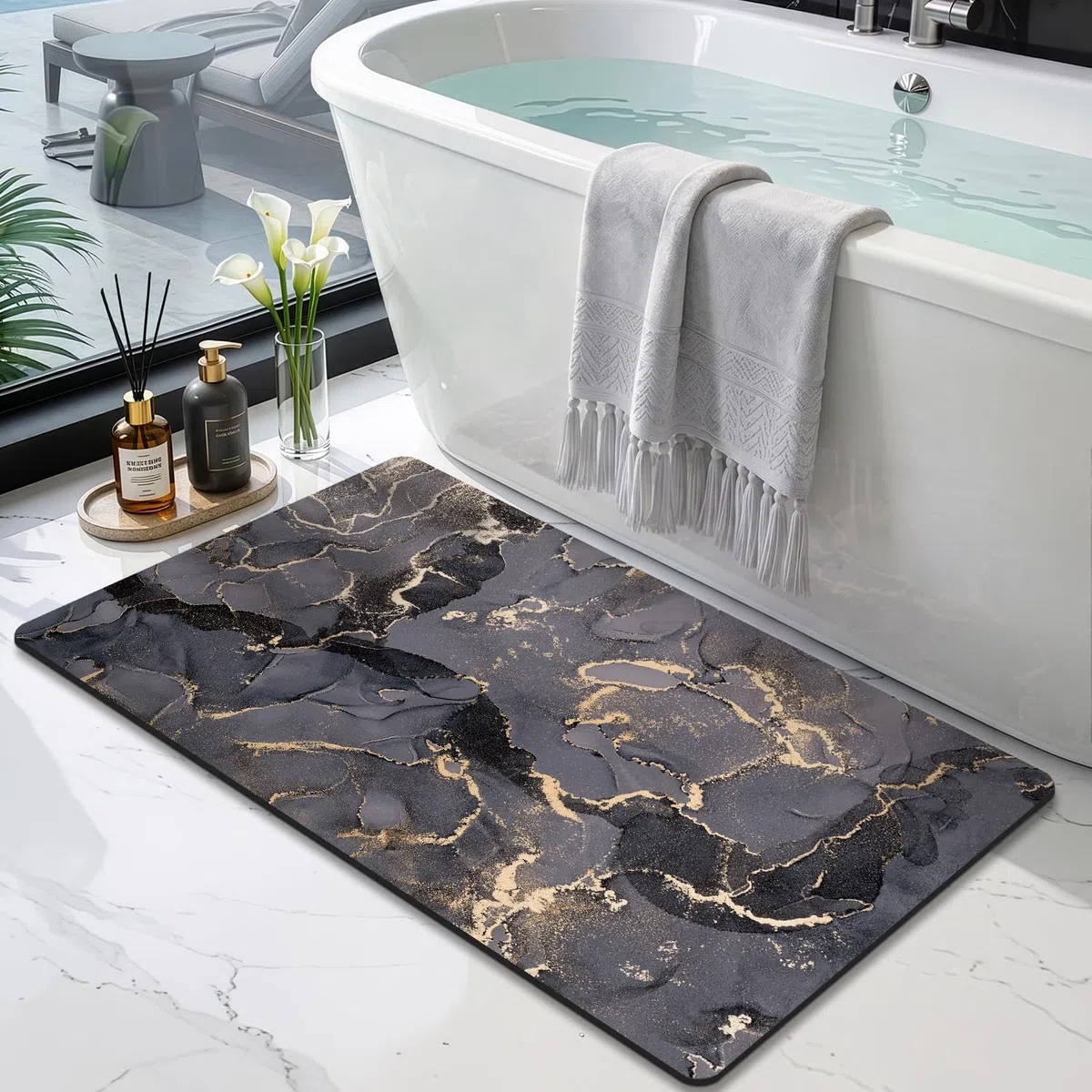 DEXI Tapis de Bain Antidérapant 60 x 110 cm, Super Absorbant, Sèche Rapide, Ultra Mince, Facile à Nettoyer, pour Portes de Salle de Bain, Baignoire, Douche, Gris foncé