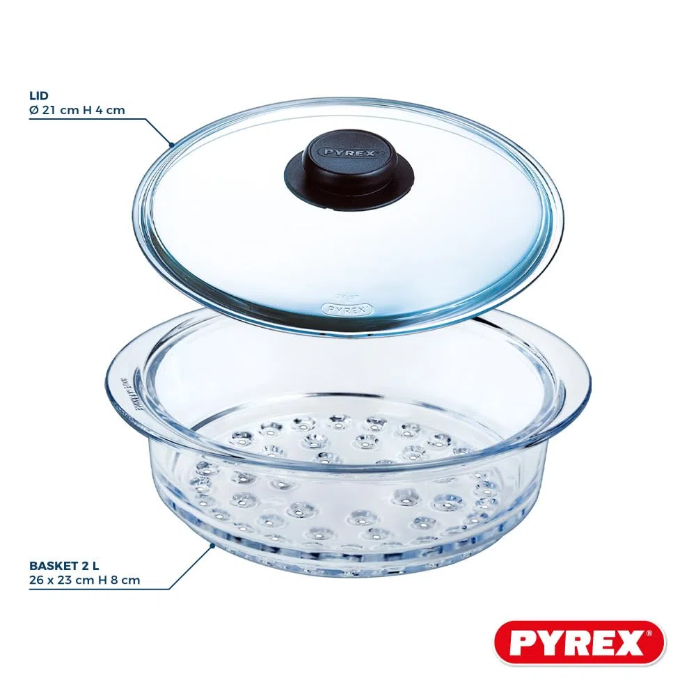 Pyrex - Paniers vapeur 20cm et son Couvercle avec bouton - Lot ou unité - Verre Borosilicate - Made in France (Double - 20 cm)