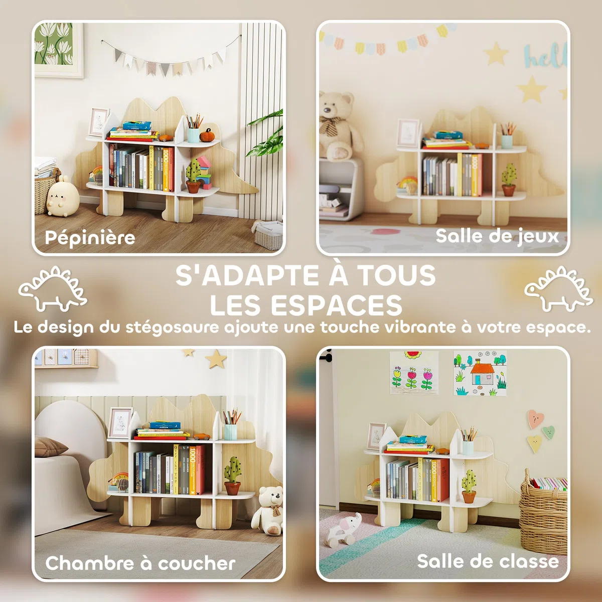 AIYAPLAY Bibliothèque Enfant Design Dinosaure, Meuble de Rangement pour Jouets et Livres, avec 6 Compartiments, 72,2 cm de Hauteur, pour Chambre ou Salle de Jeux, Bois Naturel