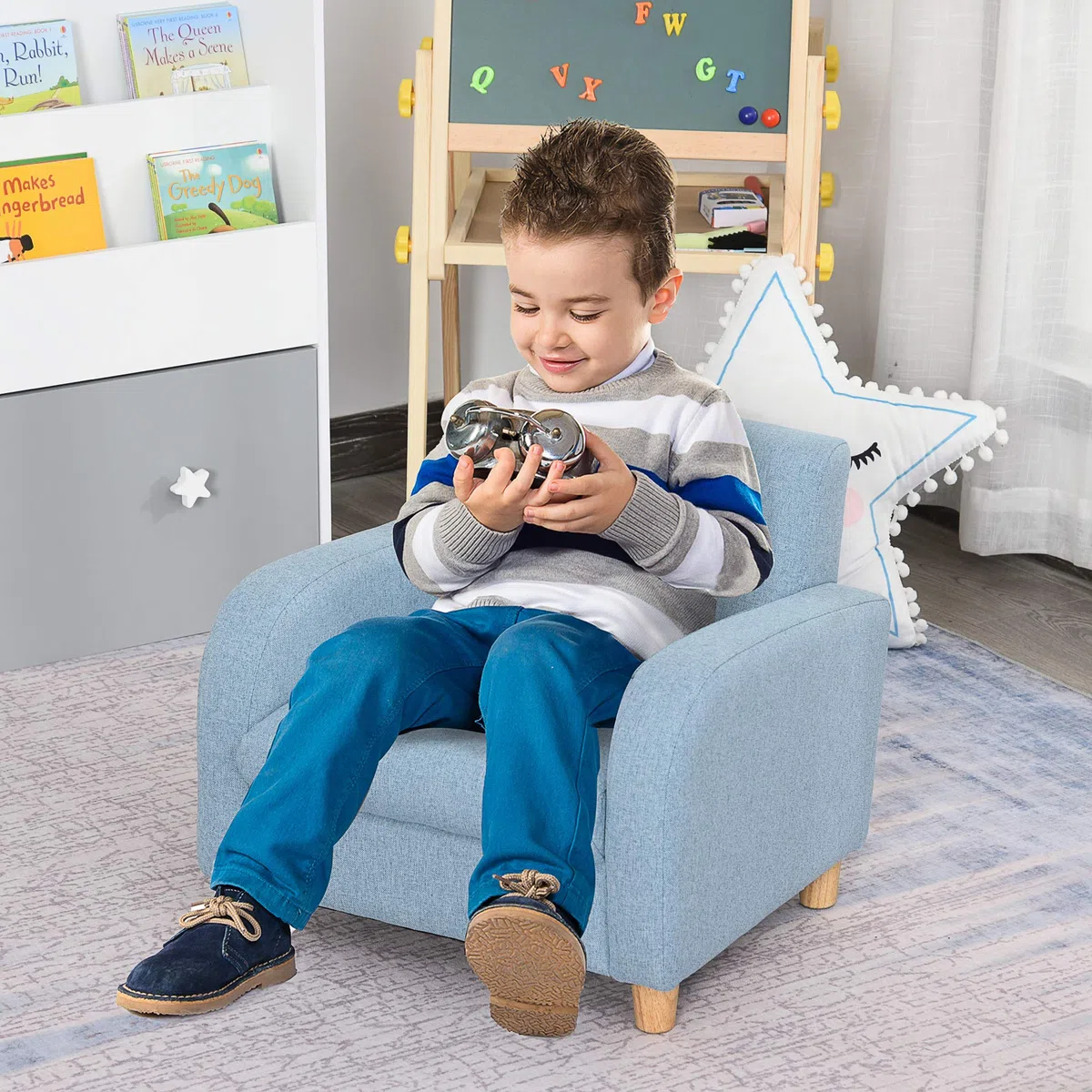 HOMCOM Fauteuil Enfant Design scandinave Grand Confort accoudoirs Assise Dossier garnissage Mousse Haute densité piètement Bois Caoutchouc Lin Bleu